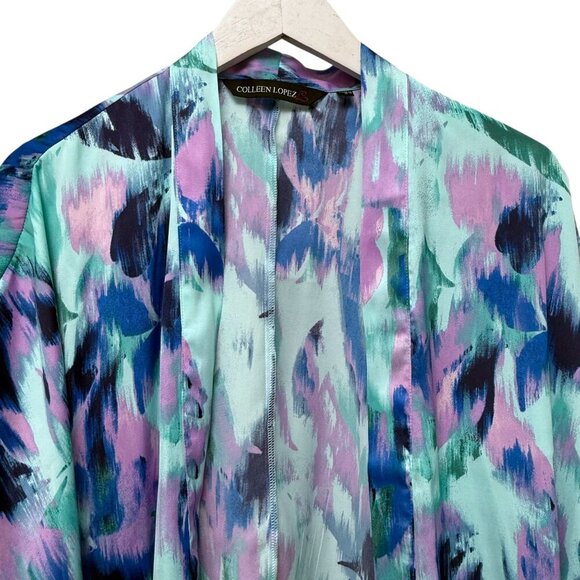 Colleen Lopez Shrug Top Medium Blue Print Satin Cocoon Light Jacket HSN - Picture 2 of 9